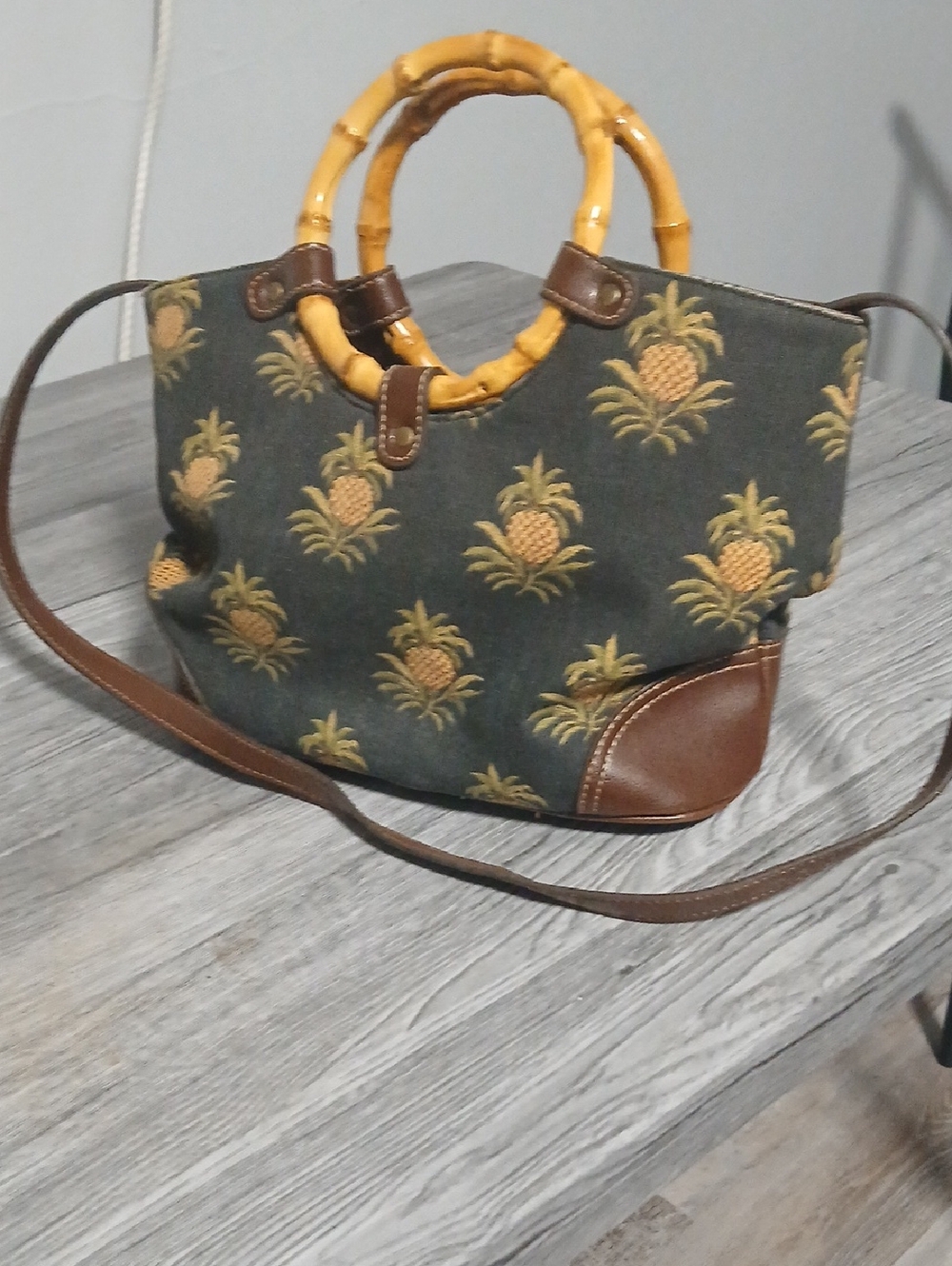 Relic Blue and Yellow Pineapple Tote with Bamboo Handles